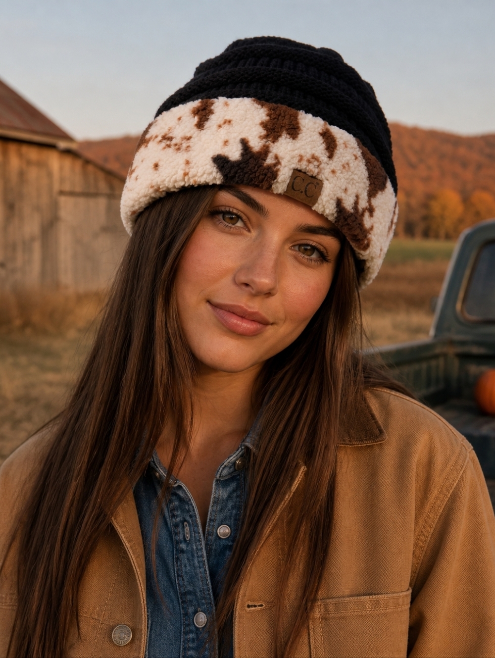 CC Girlie Girl Cow Print Beanie Cap Hat Black Brown Cream